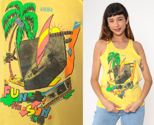 90s Aruba Windsurfing Tank Top Yellow Graphic Caribbean Small