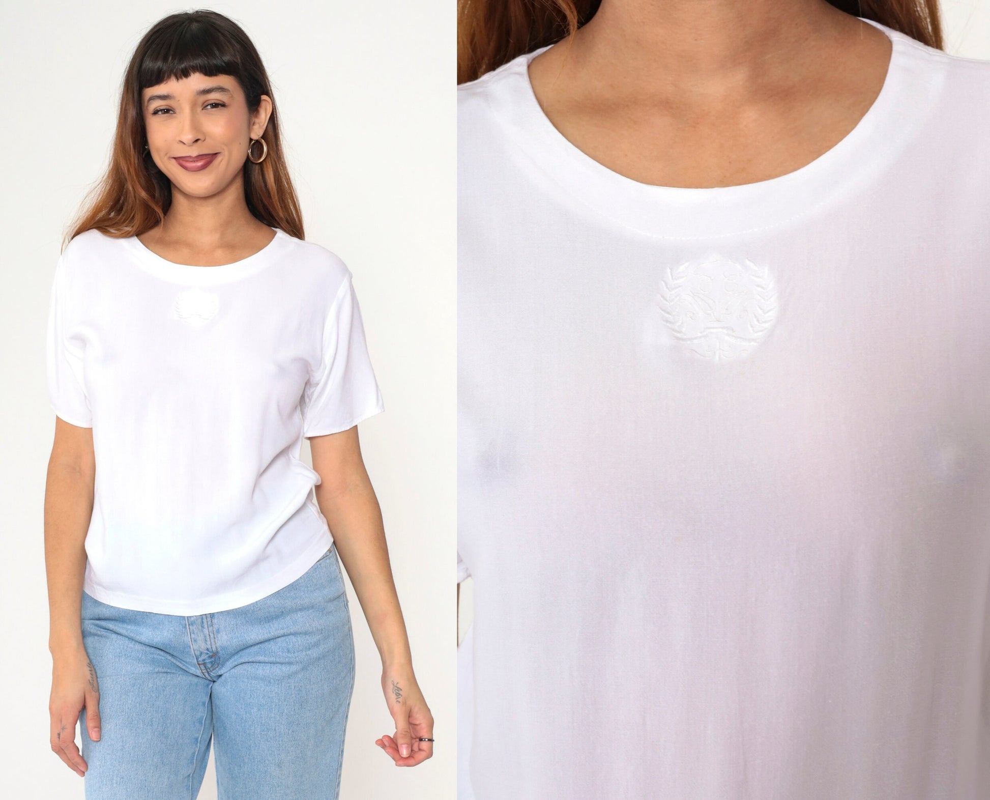 90s Tracy Evans White Rayon Shirt Embroidered Olive Wreath Crest Small