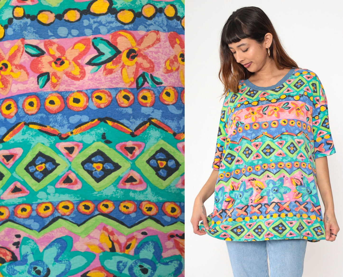 90s Geometric Floral Rhinestone T-Shirt Green Pink Blue Extra Large XL