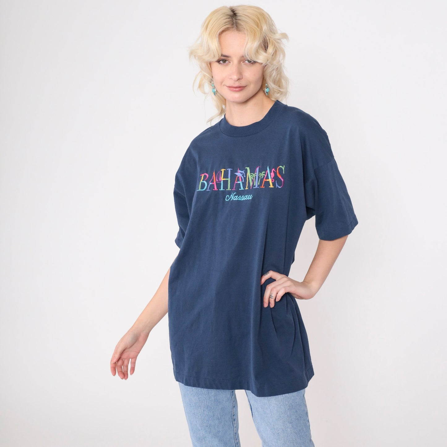 90s Nassau Bahamas Embroidered Graphic Tee Dolphin Palm Navy Extra Large