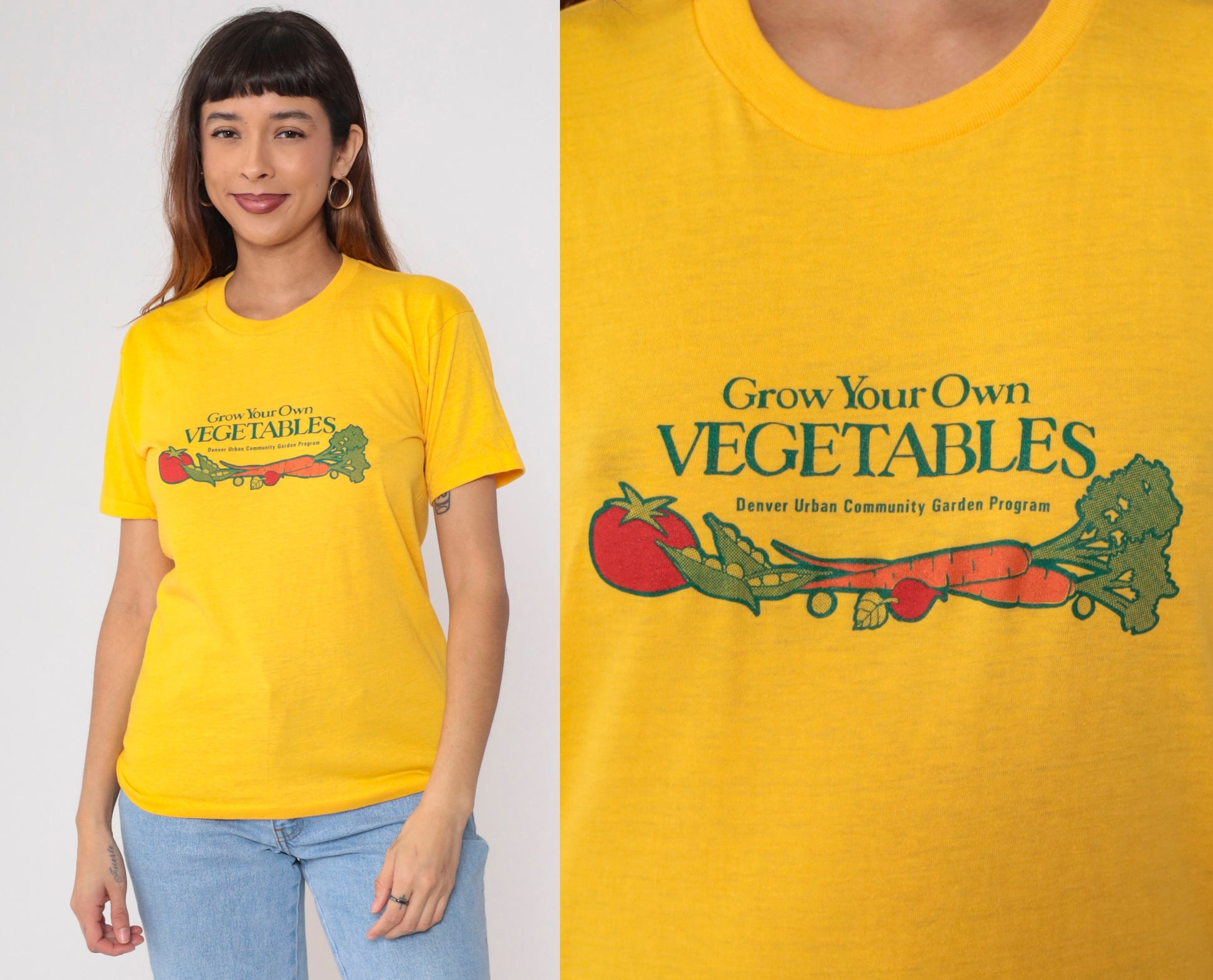 80s Denver Urban Community Garden Program Graphic T-Shirt Yellow Vegetable Gardening Small