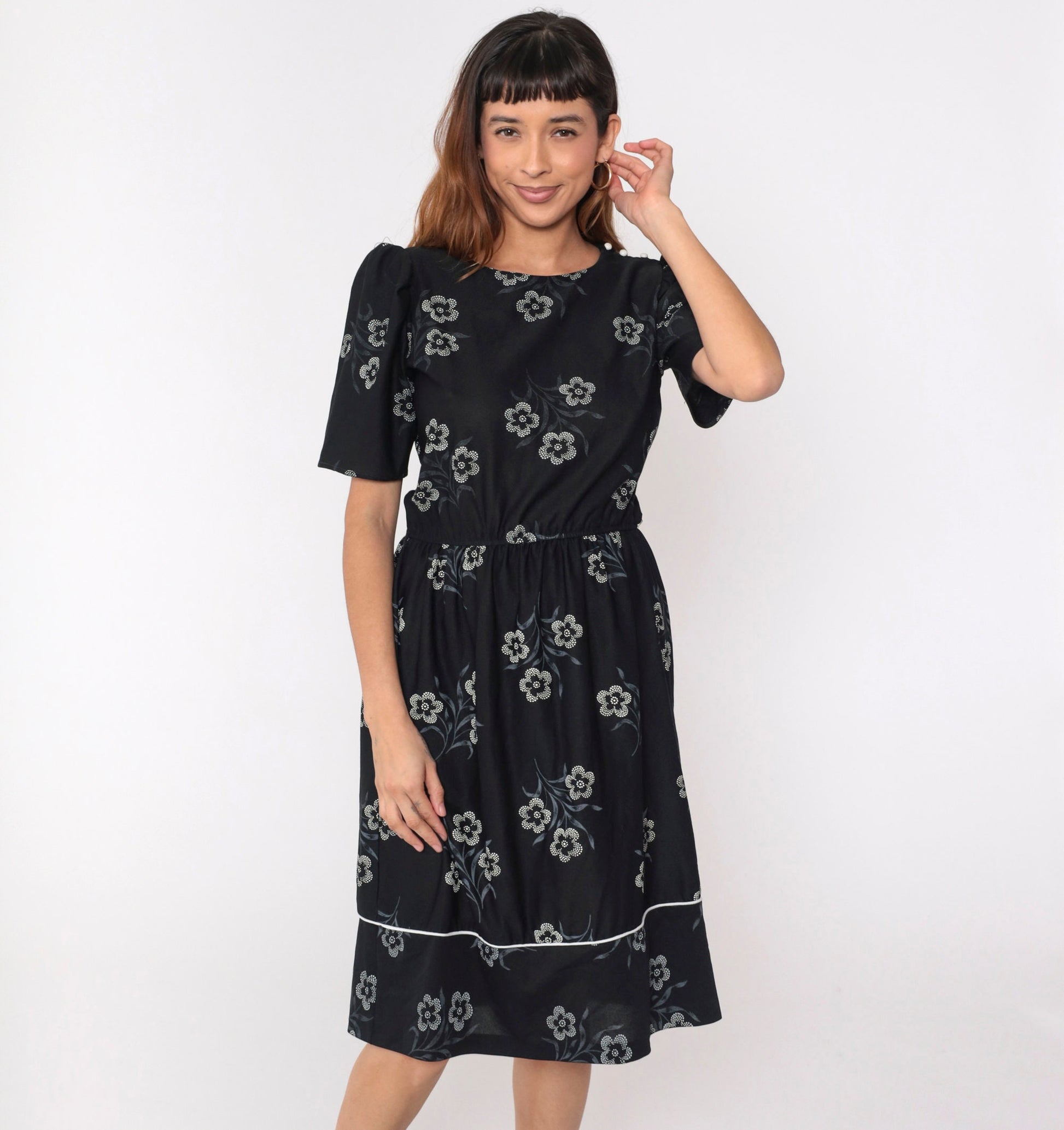 80s Black Floral Midi Dress Puff Sleeve High Waist Button Shoulder Medium