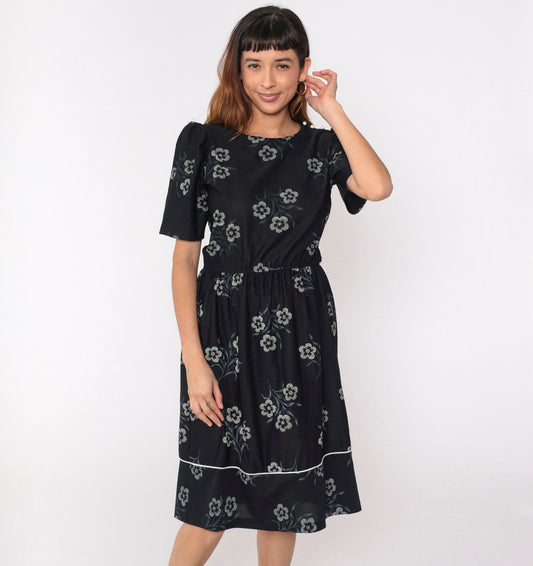 80s Black Floral Midi Dress Puff Sleeve High Waist Button Shoulder Medium