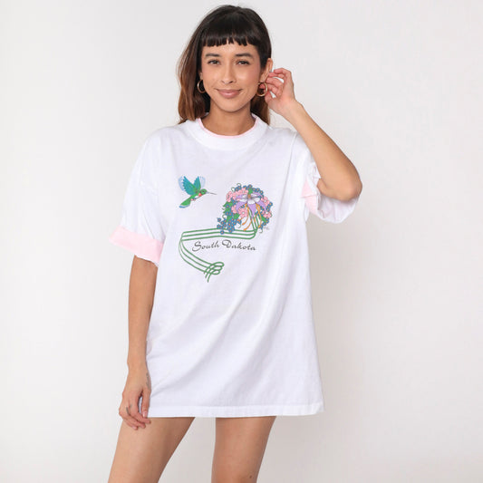 80s South Dakota Hummingbird Floral Graphic T-Shirt White Cotton Extra Large XL