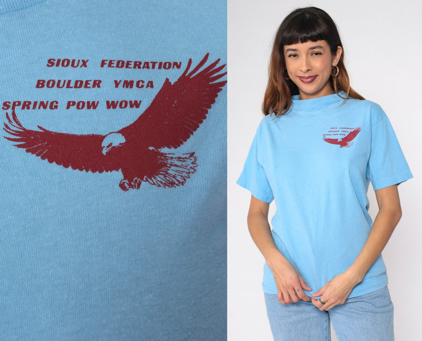 80s Sioux Federation Boulder YMCA Spring Pow Wow Eagle Graphic T-Shirt Cotton Medium
