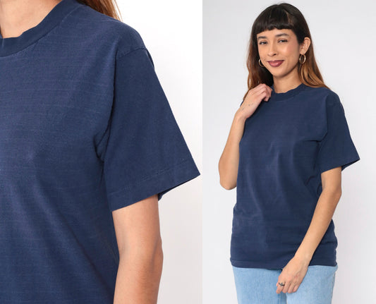 80s Navy Striped Single Stitch T-Shirt Plain Tee Medium