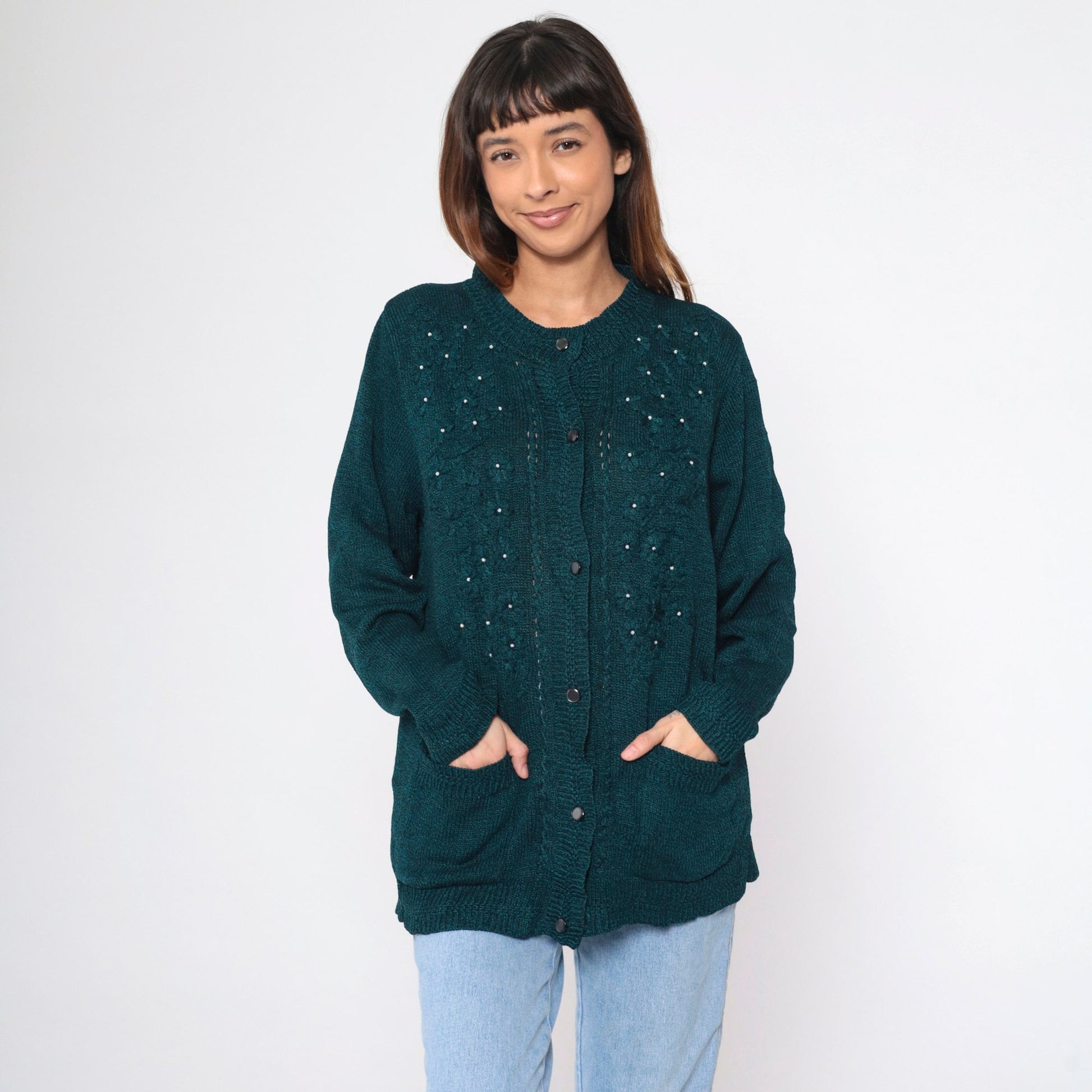 90s Beaded Floral Cardigan Blue Black Pearl Button-Up Knit Large L