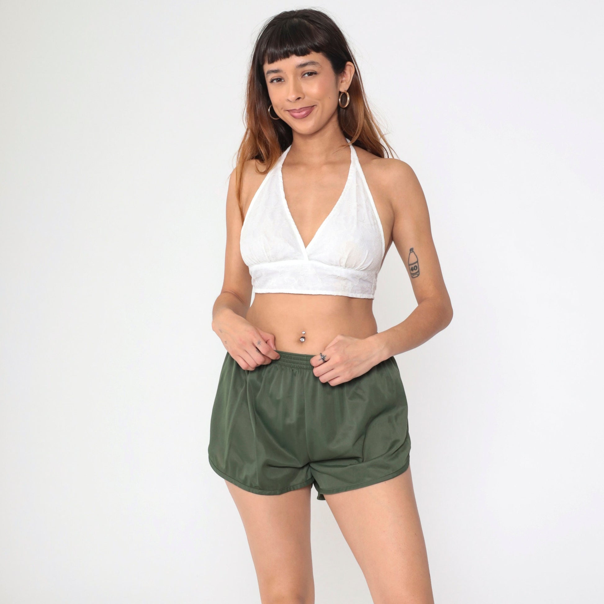 80s Soffe Dolphin Shorts Olive Green High-Waist Nylon Medium
