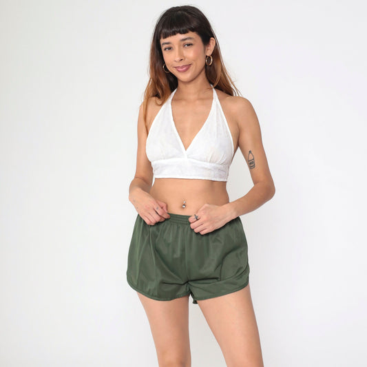 80s Soffe Dolphin Shorts Olive Green High-Waist Nylon Medium