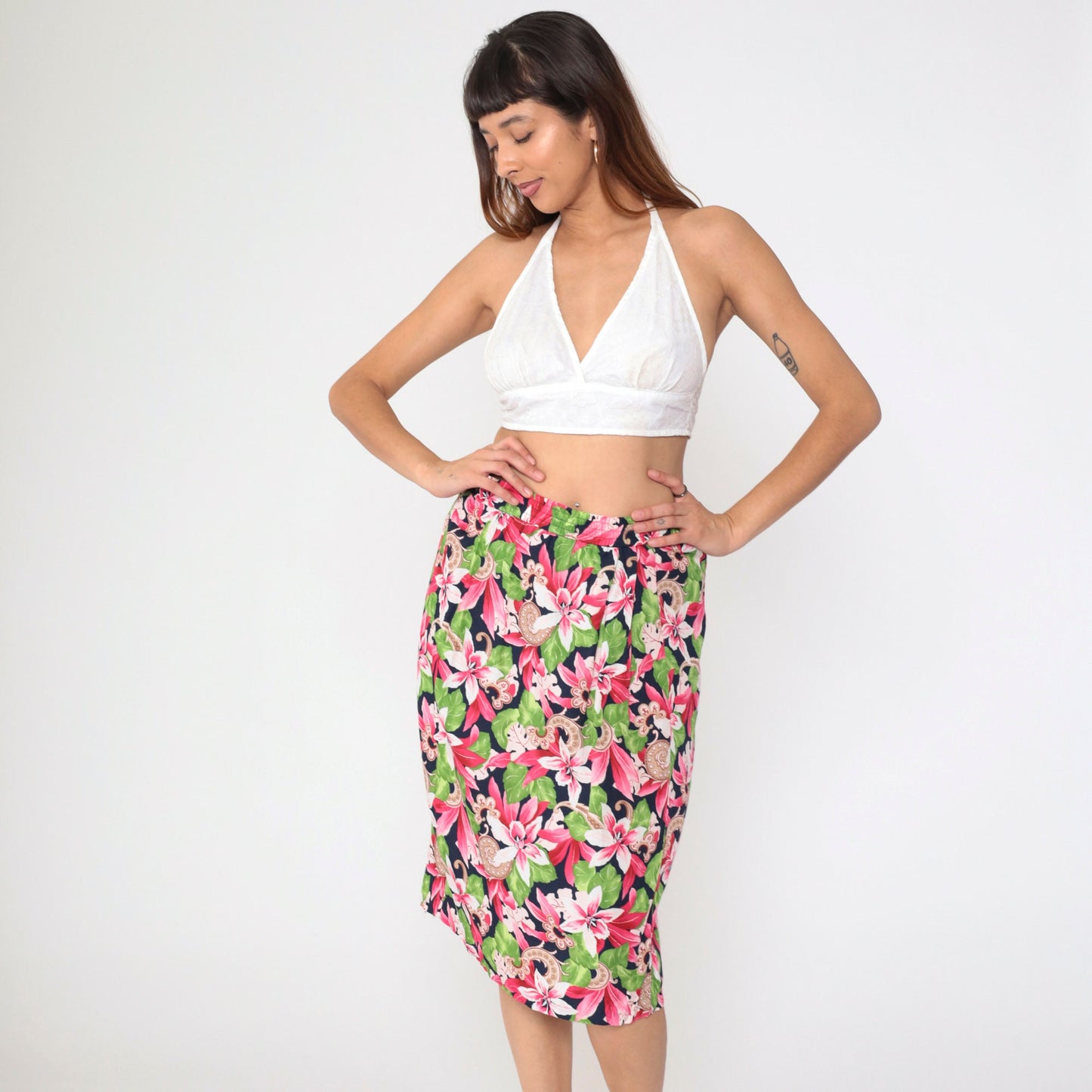 90s Evan Picone Tropical Floral Midi Skirt Navy Pleated High Waist Medium
