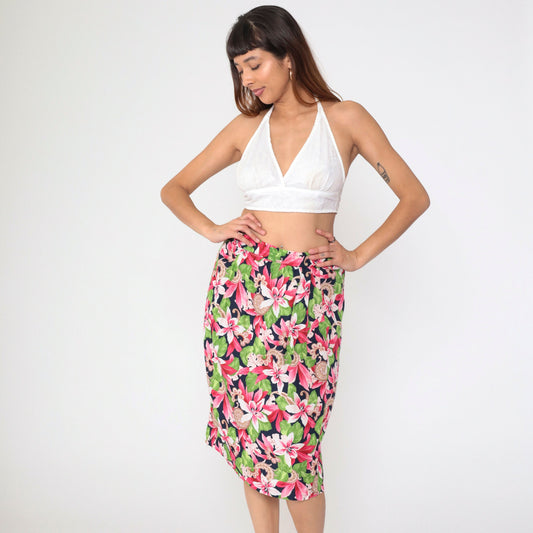 90s Evan Picone Tropical Floral Midi Skirt Navy Pleated High Waist Medium