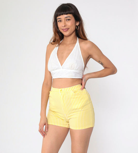 70s Yellow Grid Print High-Rise Shorts Four-Pocket Small