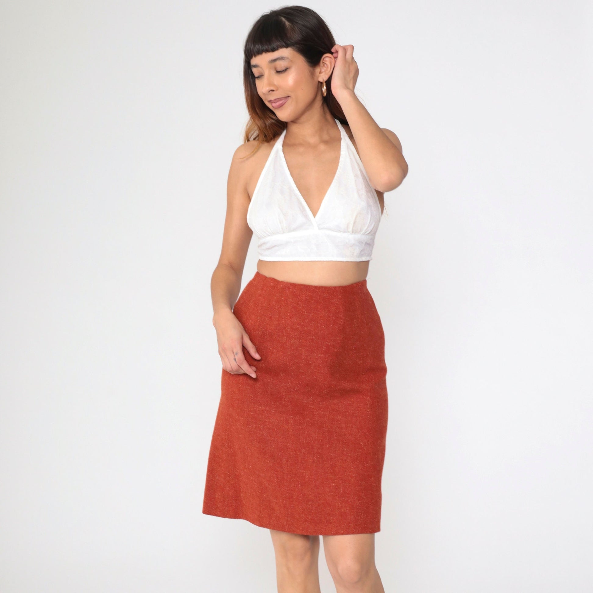 70s Wool Blend Mini Pencil Skirt High Waist Rust Orange Flecked Extra Small