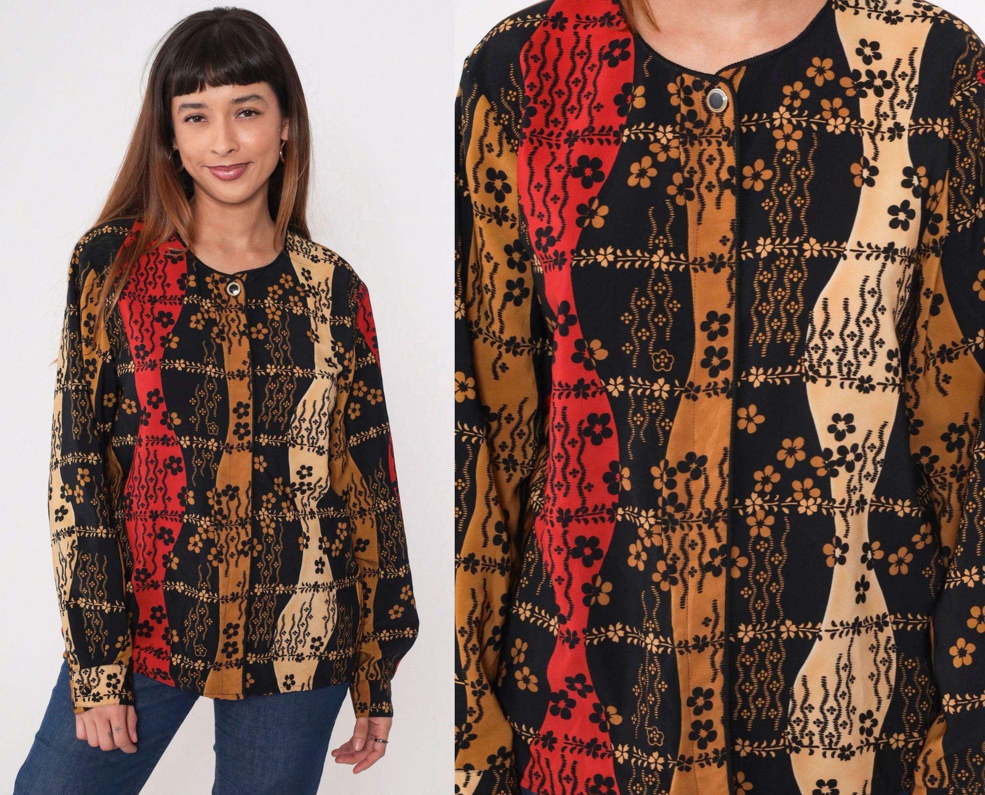 90s Jordan Floral Button-Up Blouse Hidden Buttons Long Sleeve Black Red Brown Large