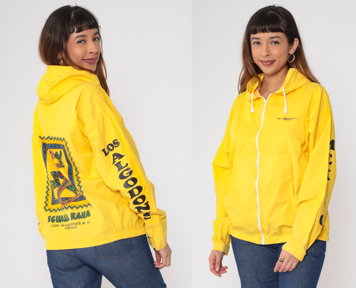 90s Yellow Windbreaker Jacket Iguana Rana Los Algodones Mexico Graphic Hoodie Small