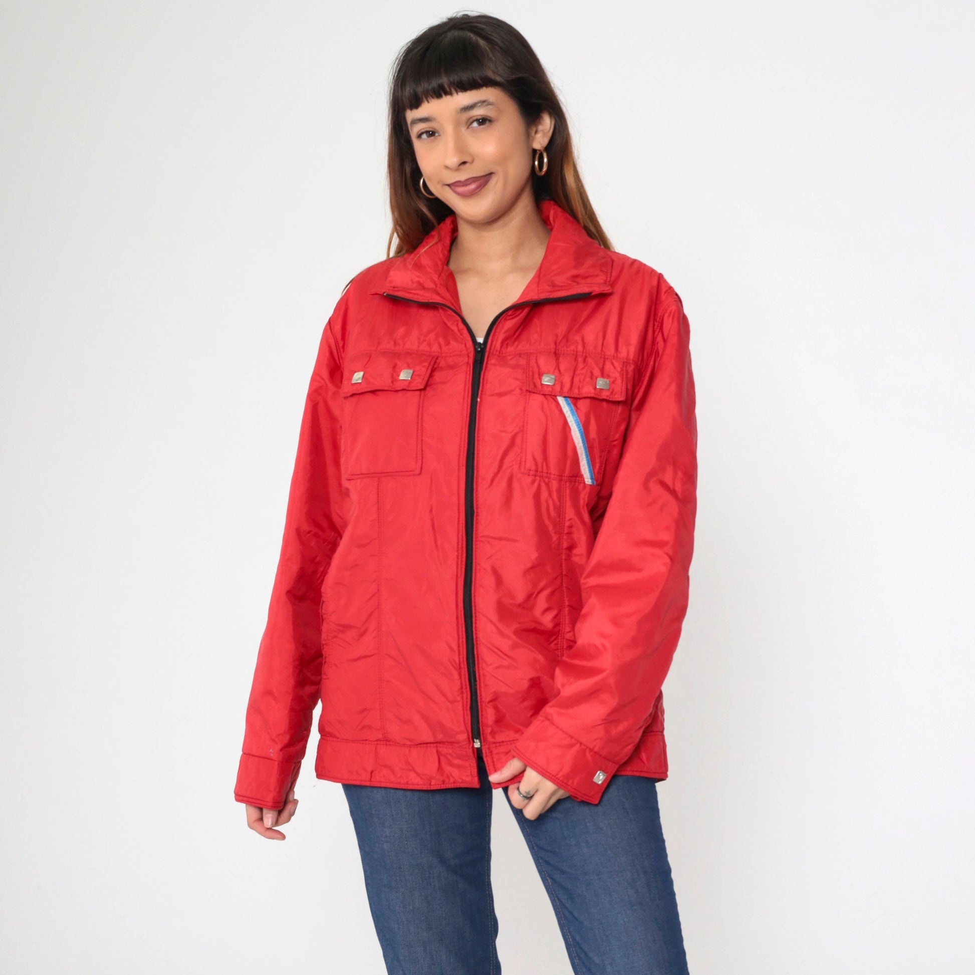 80s Red Ski Puffer Jacket Blue White Stripe Chest Pocket Nylon Large