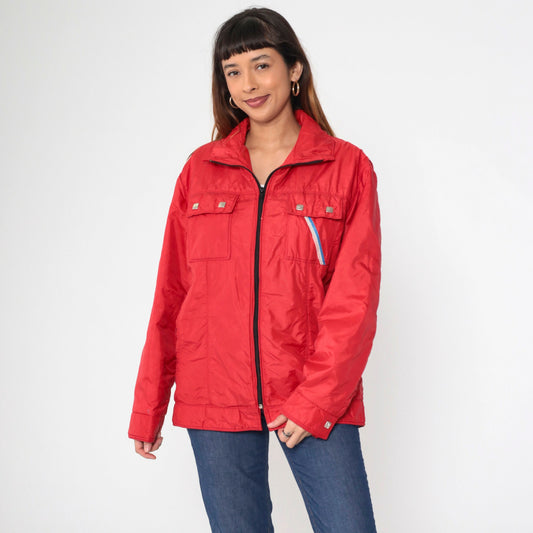 80s Red Ski Puffer Jacket Blue White Stripe Chest Pocket Nylon Large