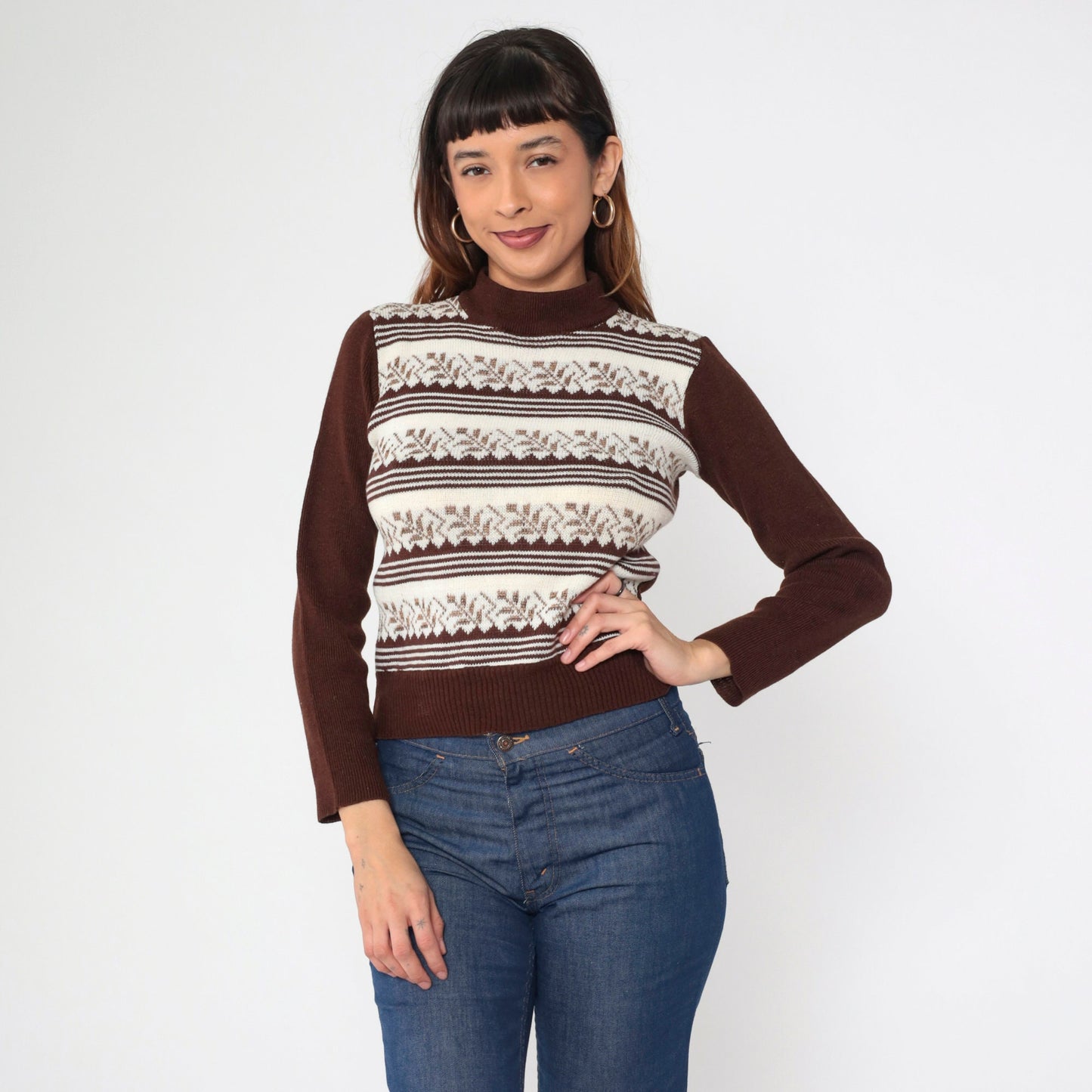 70s Leaf Print Mock Neck Sweater Brown White Striped Knit Extra Small
