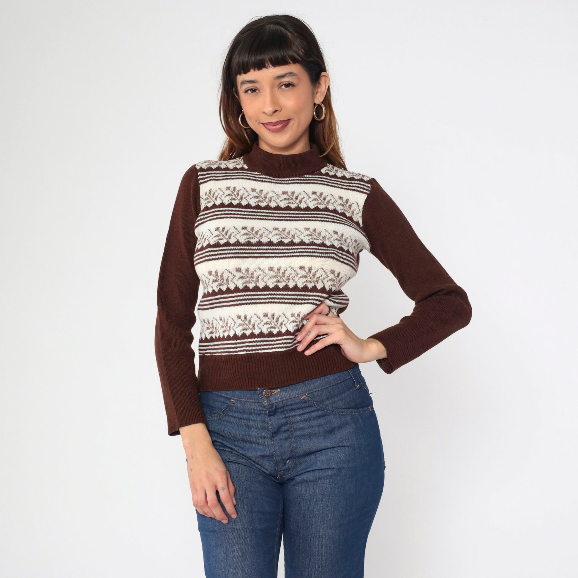 70s Leaf Print Mock Neck Sweater Brown White Striped Knit Extra Small