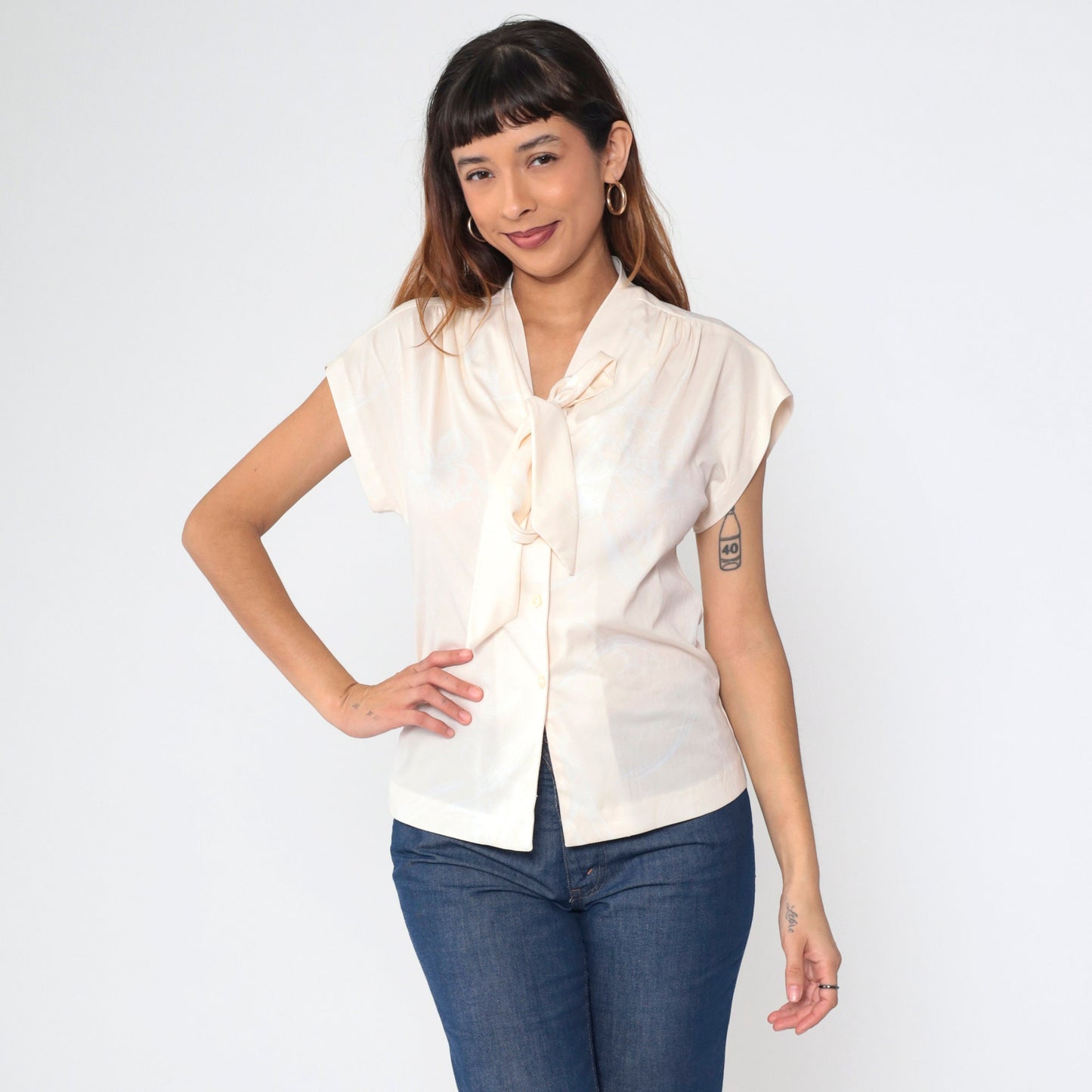 70s Graff Ascot Blouse Cream Abstract Print Button-Up Cap Sleeve Small