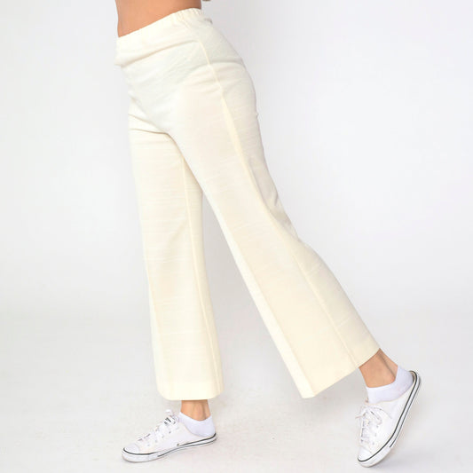 70s Cream Bell Bottom Pants High Waist Flared Leg Elastic Waist Small Medium