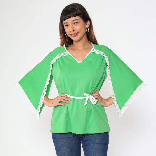 70s Lime Green Angel Sleeve Blouse White Lace Trim Drawstring Medium M