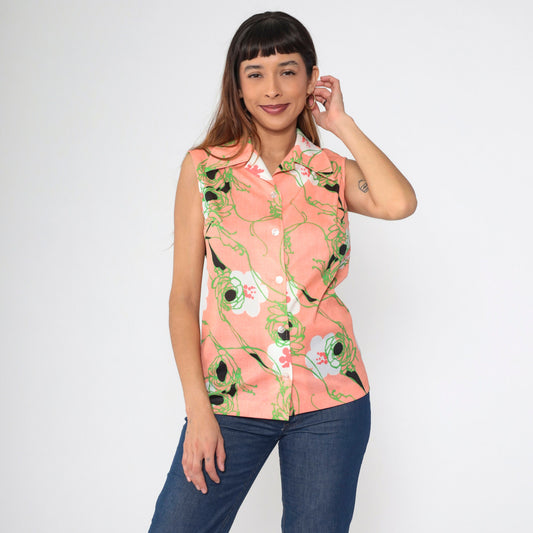 70s Pink Floral Tank Top Wing Collar Button-Up Sleeveless Blouse Medium