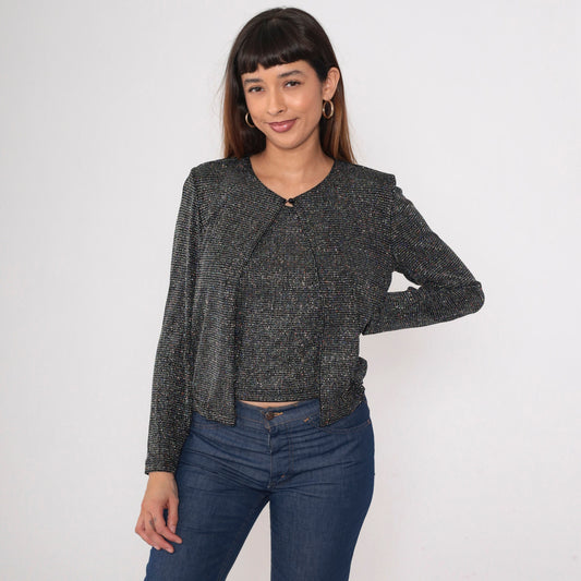 90s Silver Metallic Blouse Long Sleeve Tank Top Attached Cardigan Medium