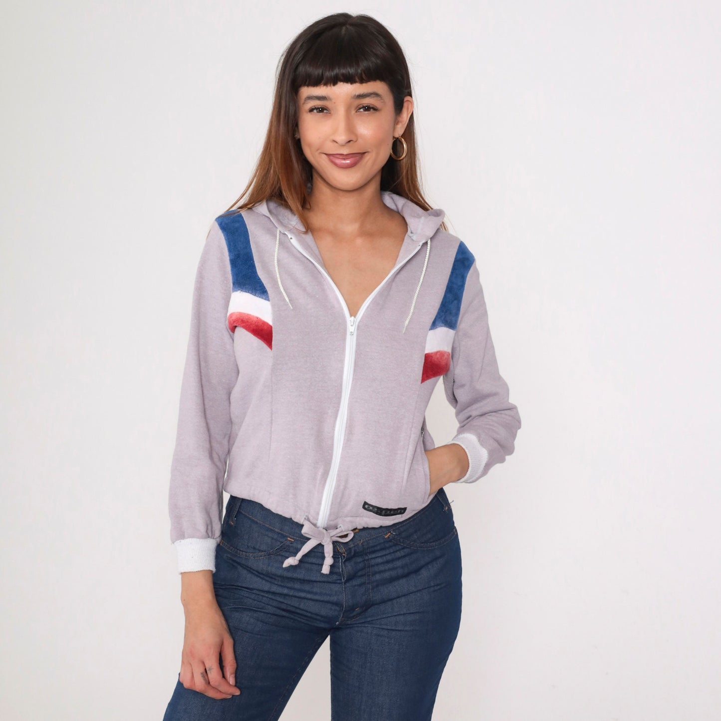 80s Aspen Hooded Track Jacket Grey Velour Striped Zip-Up Hoodie Small