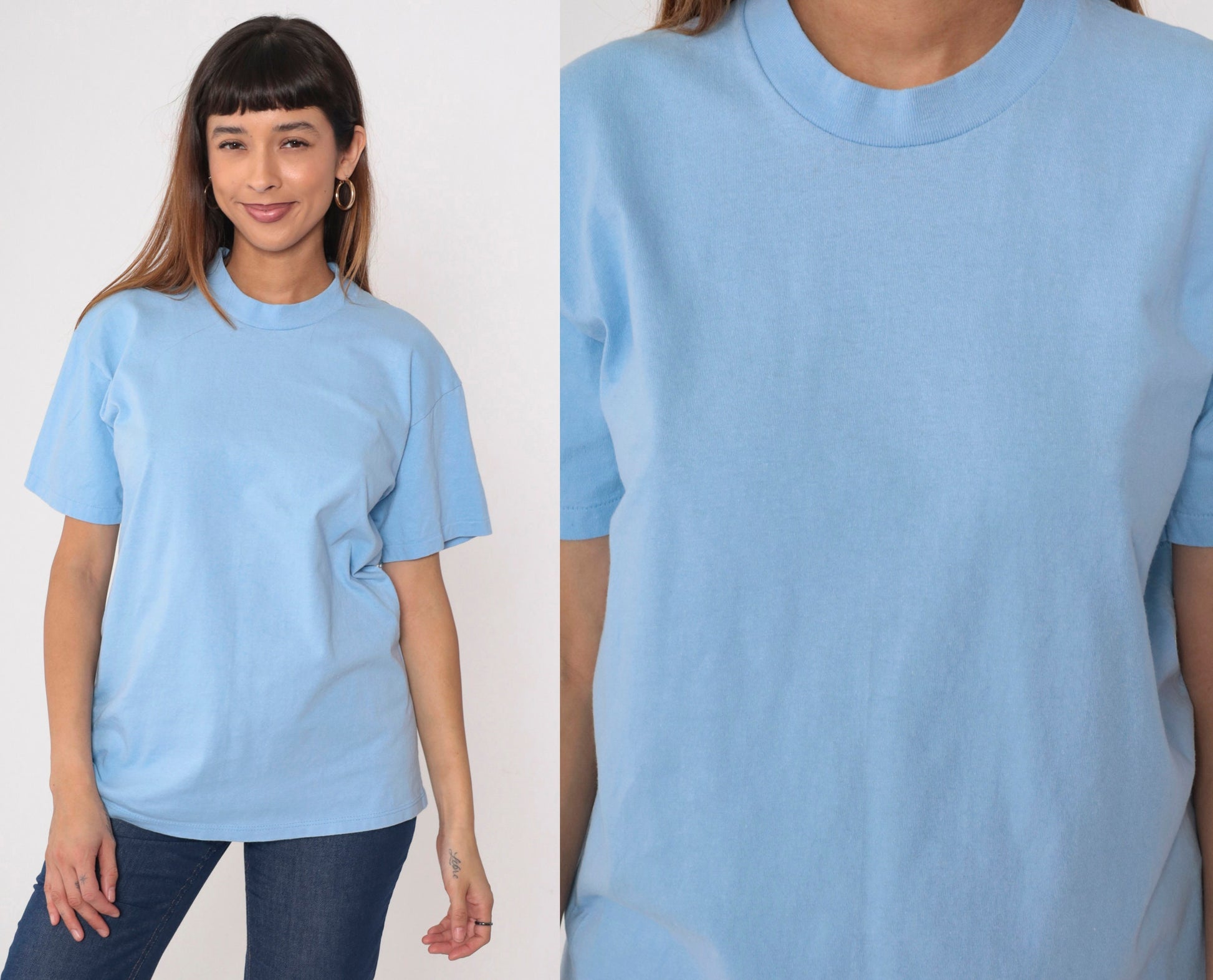 80s Stedman Baby Blue Cotton T-Shirt Crewneck Plain Tee Medium