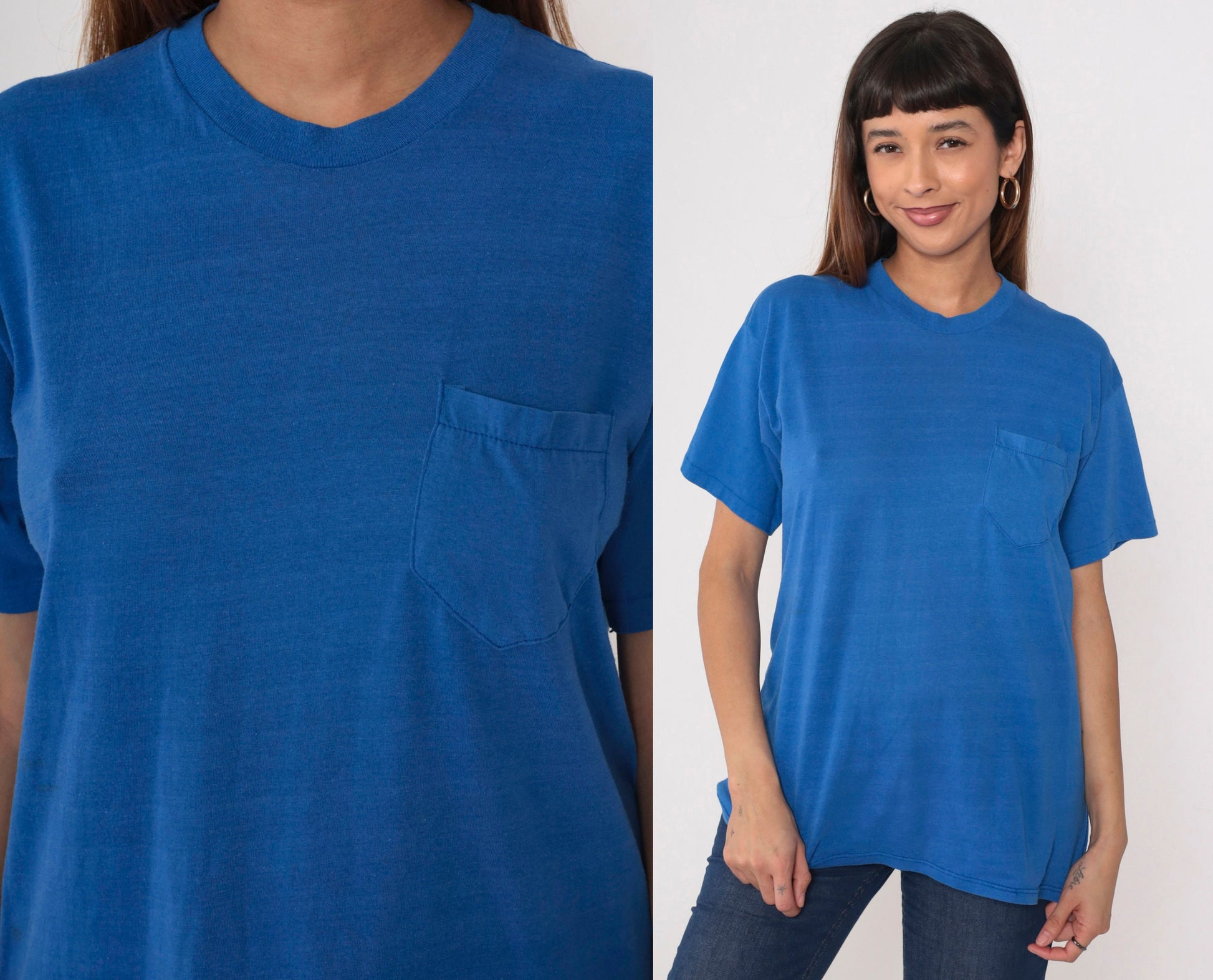 80s Blue Striped Pocket T-Shirt Cotton Blend Crewneck Medium