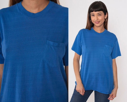 80s Blue Striped Pocket T-Shirt Cotton Blend Crewneck Medium