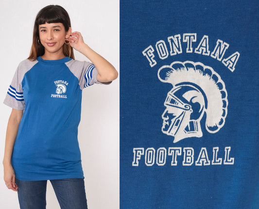 80s Velva Sheen Fontana Football Ringer Tee Blue Raglan Sleeve Small