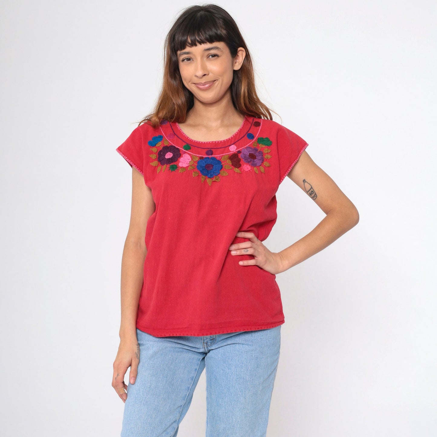 90s Mexican Embroidered Floral Blouse Red Short Sleeve Medium