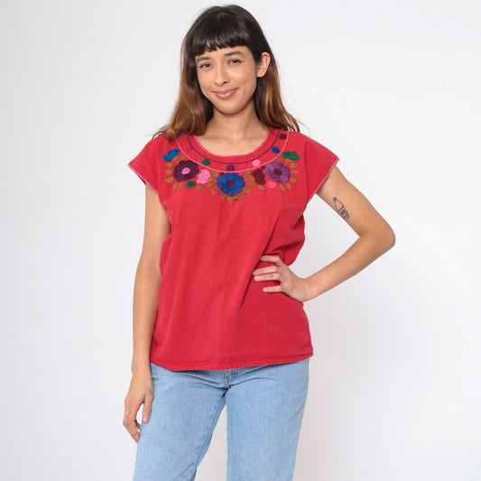 90s Mexican Embroidered Floral Blouse Red Short Sleeve Medium