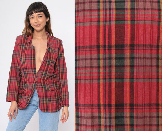 90s Red Plaid Cotton Blazer Deep V Neck Button Up Small