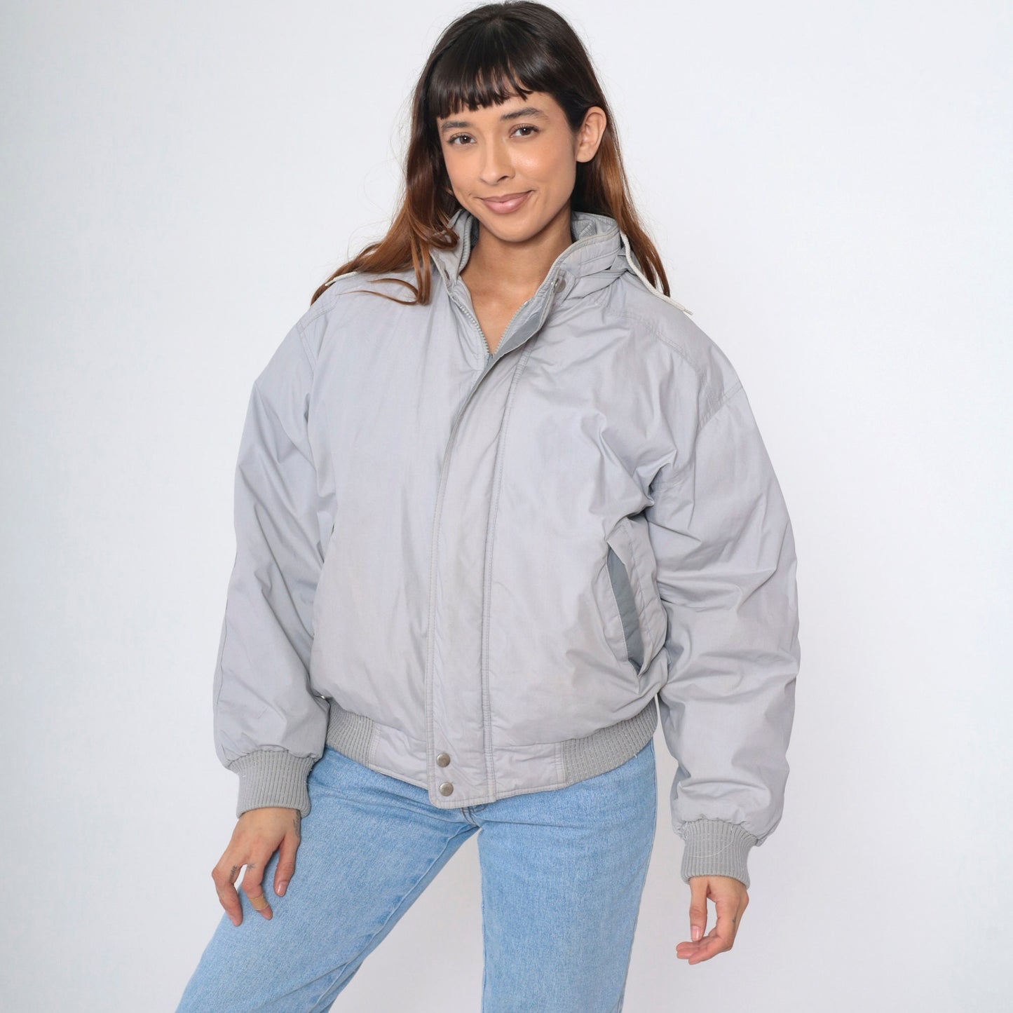 Members Only Down Jacket 80s Grey Hooded Ski Puffer Coat Medium