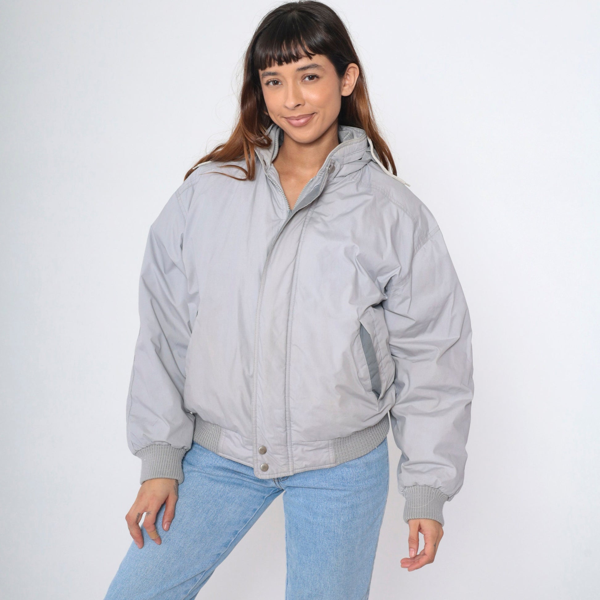 Members Only Down Jacket 80s Grey Hooded Ski Puffer Coat Medium