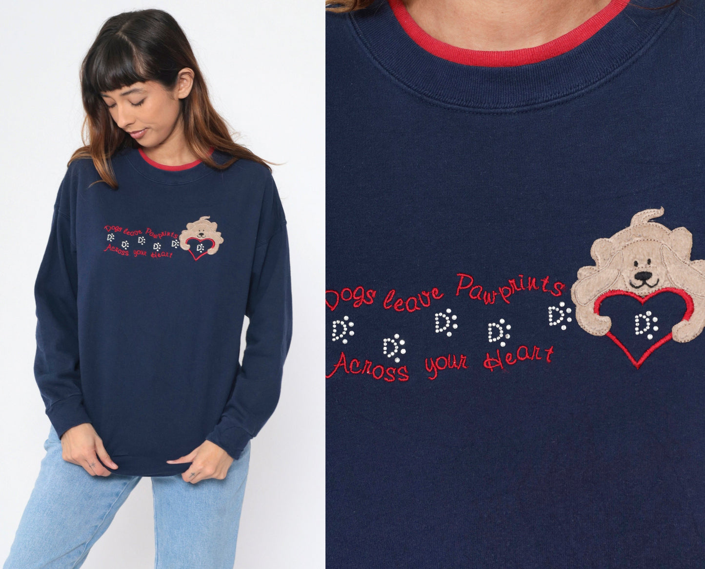 Y2K Dog Sweatshirt Navy Blue Rhinestone Embroidered Heart Pawprints Medium