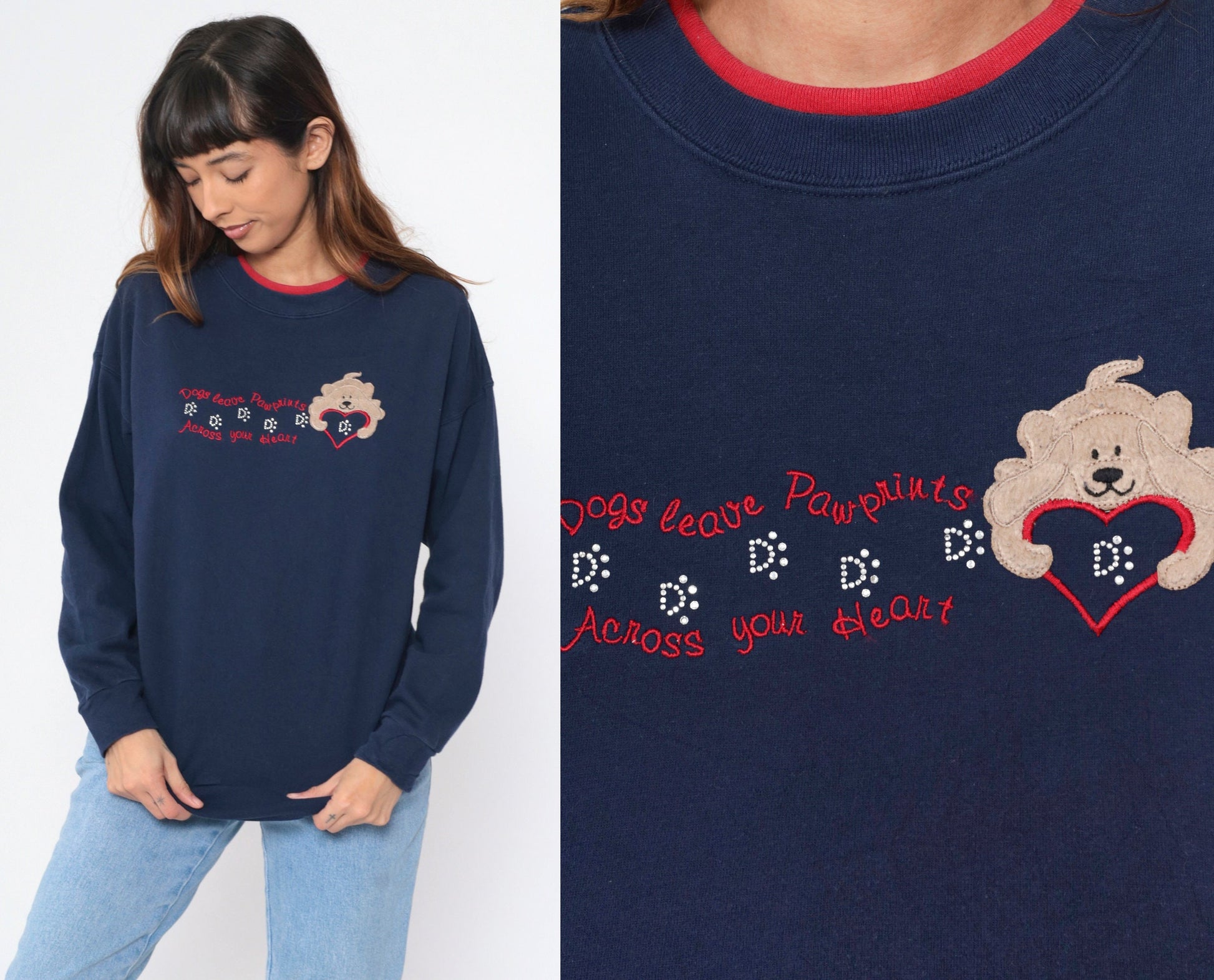 Y2K Dog Sweatshirt Navy Blue Rhinestone Embroidered Heart Pawprints Medium