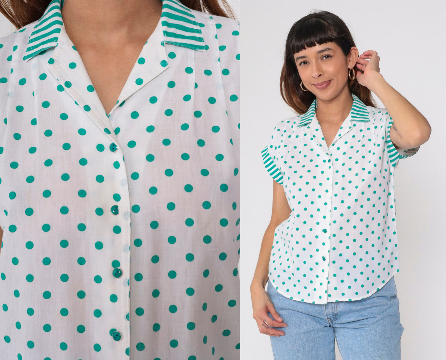 80s White Polka Dot Blouse Green Striped Collar Button Up Cap Sleeve Medium