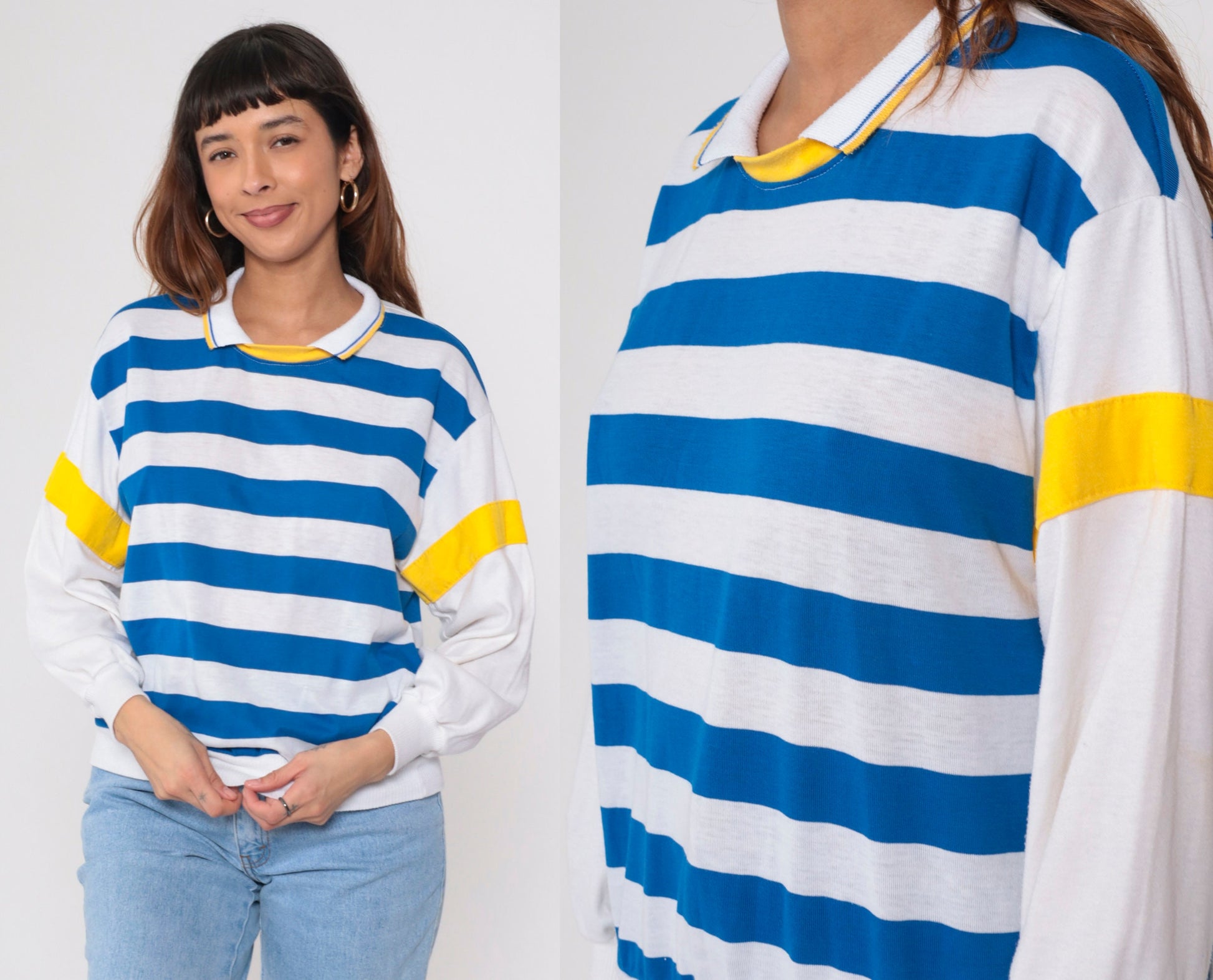80s Blue White Striped Collared Shirt Yellow Trim Long Sleeve Medium