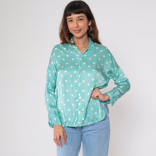 90s Fil Noir Green White Polka Dot Striped Button Up Blouse Long Sleeve Small