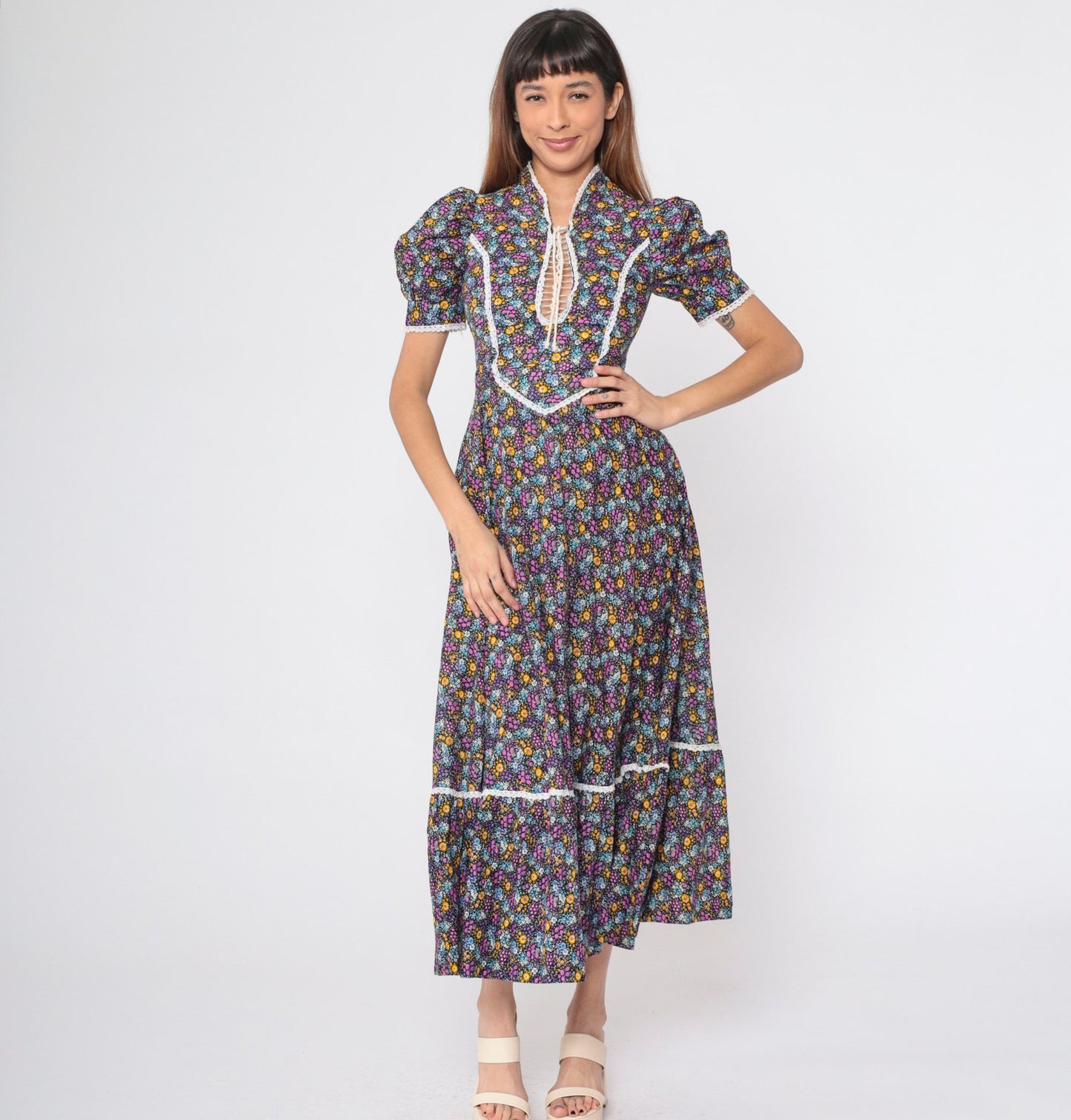70s Calico Floral Maxi Dress Lace-Up Puff Sleeve Prairie Ankle Length XS