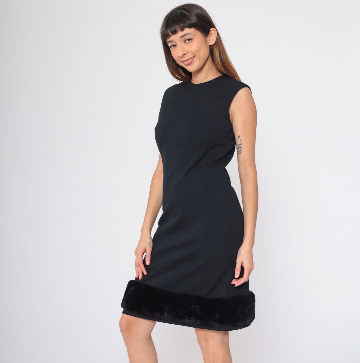 60s Miss Jean Black Wool Shift Dress Faux Fur Trim Mini Sleeveless Small