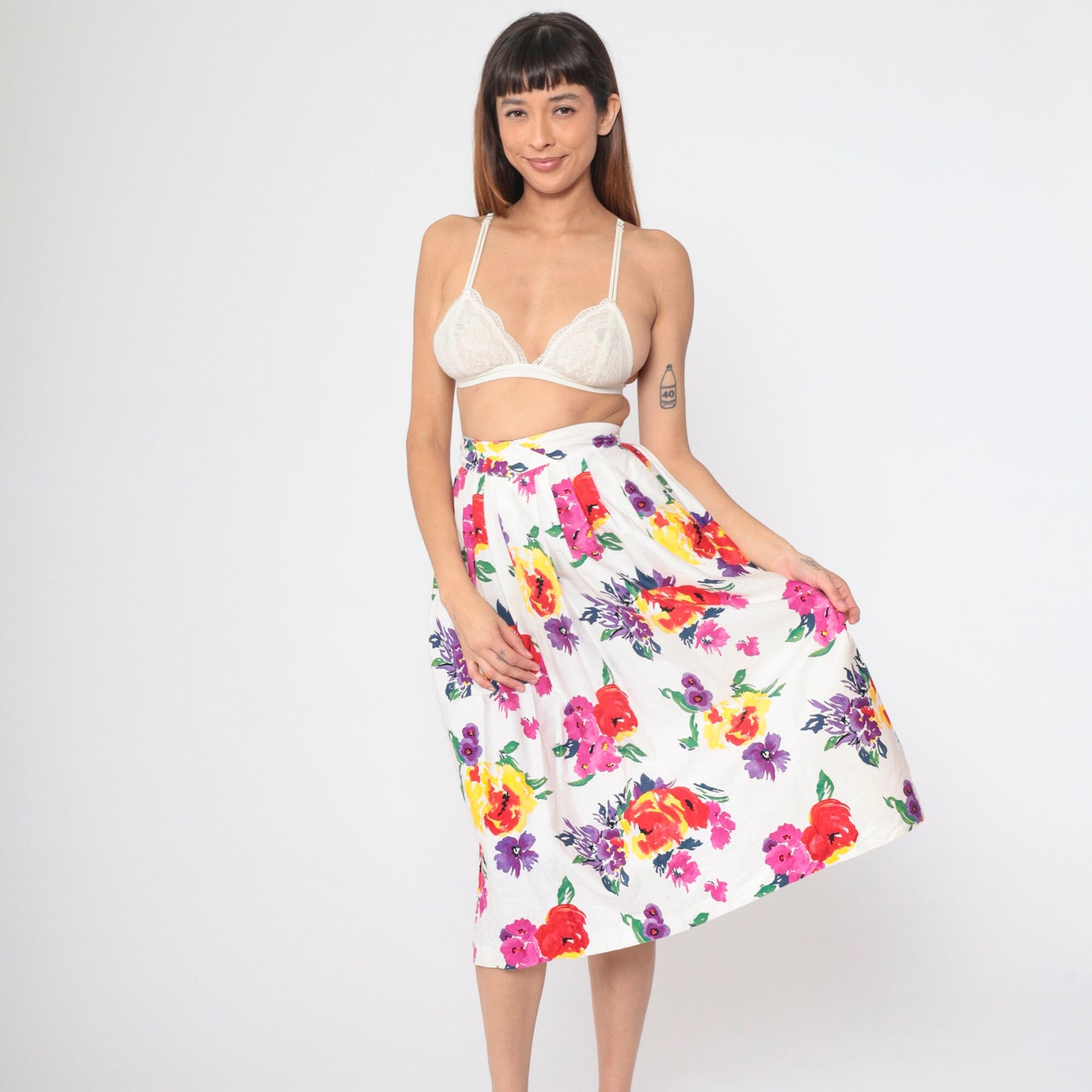90s Worthington White Floral Pleated Midi Skirt High Waist Pockets Small