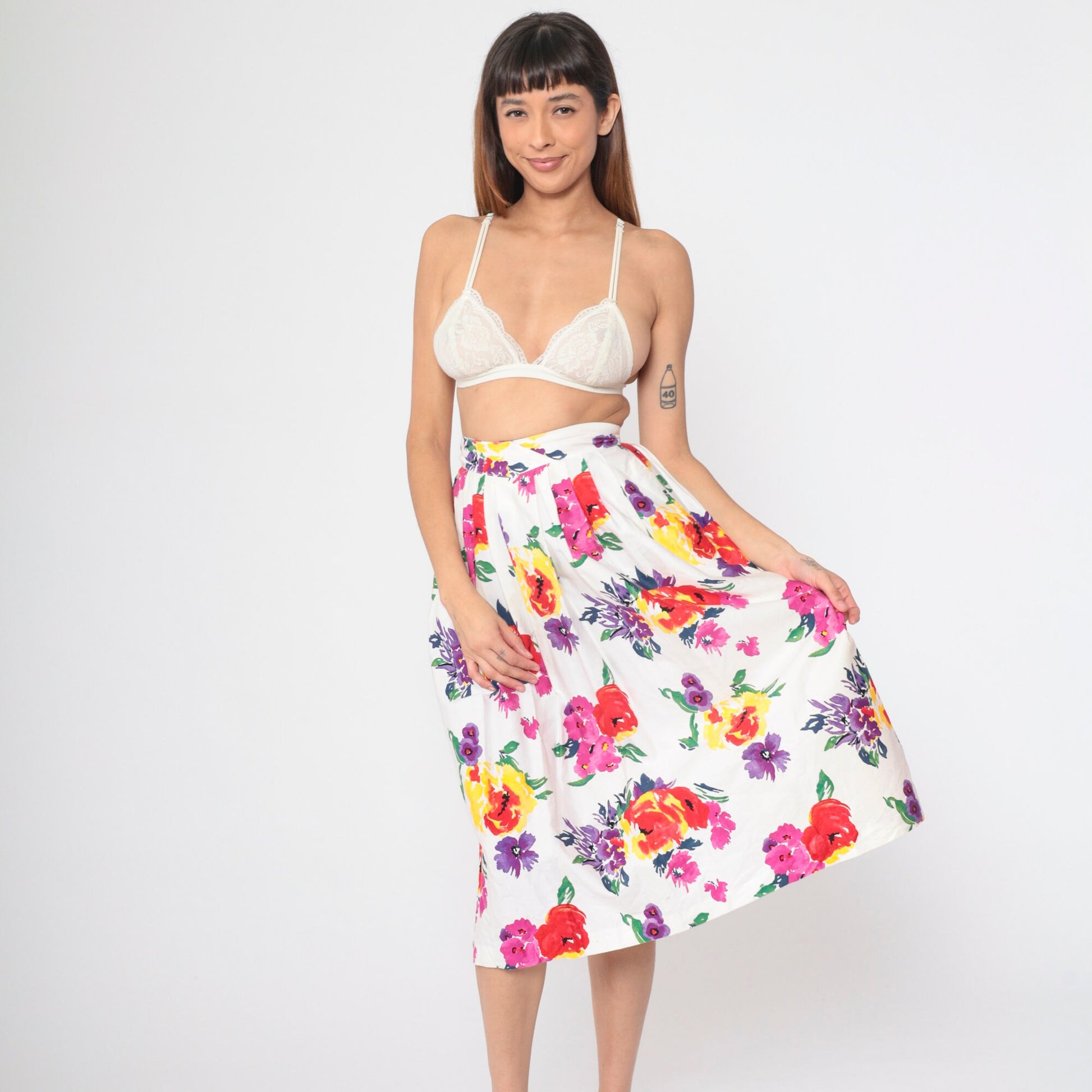 90s Worthington White Floral Pleated Midi Skirt High Waist Pockets Small