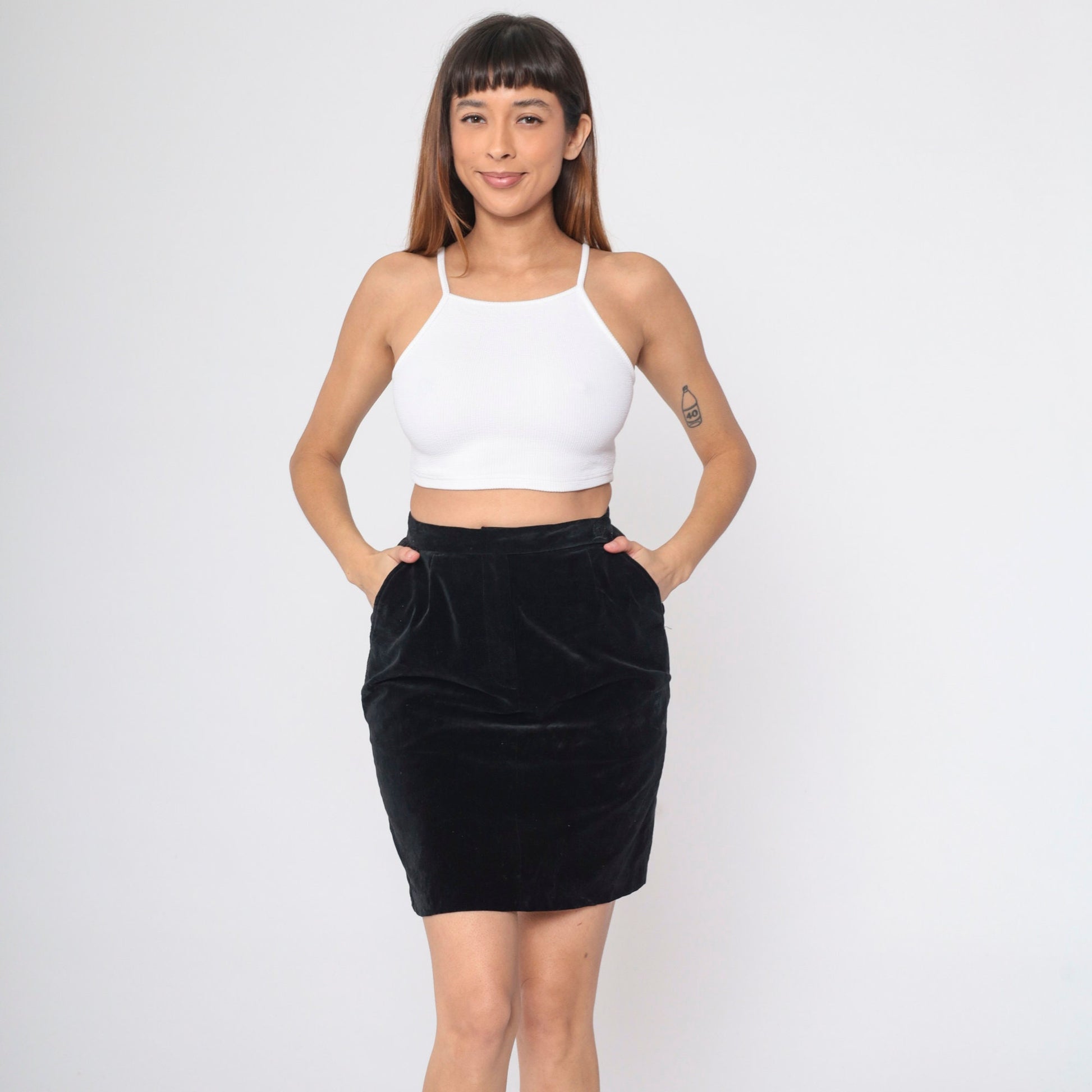 90s Tommy Hilfiger Black Velvet Pencil Skirt High Waisted Mini Small