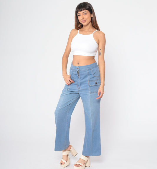 70s Sears Flared Jeans High Waist Blue Denim Elastic Back Medium