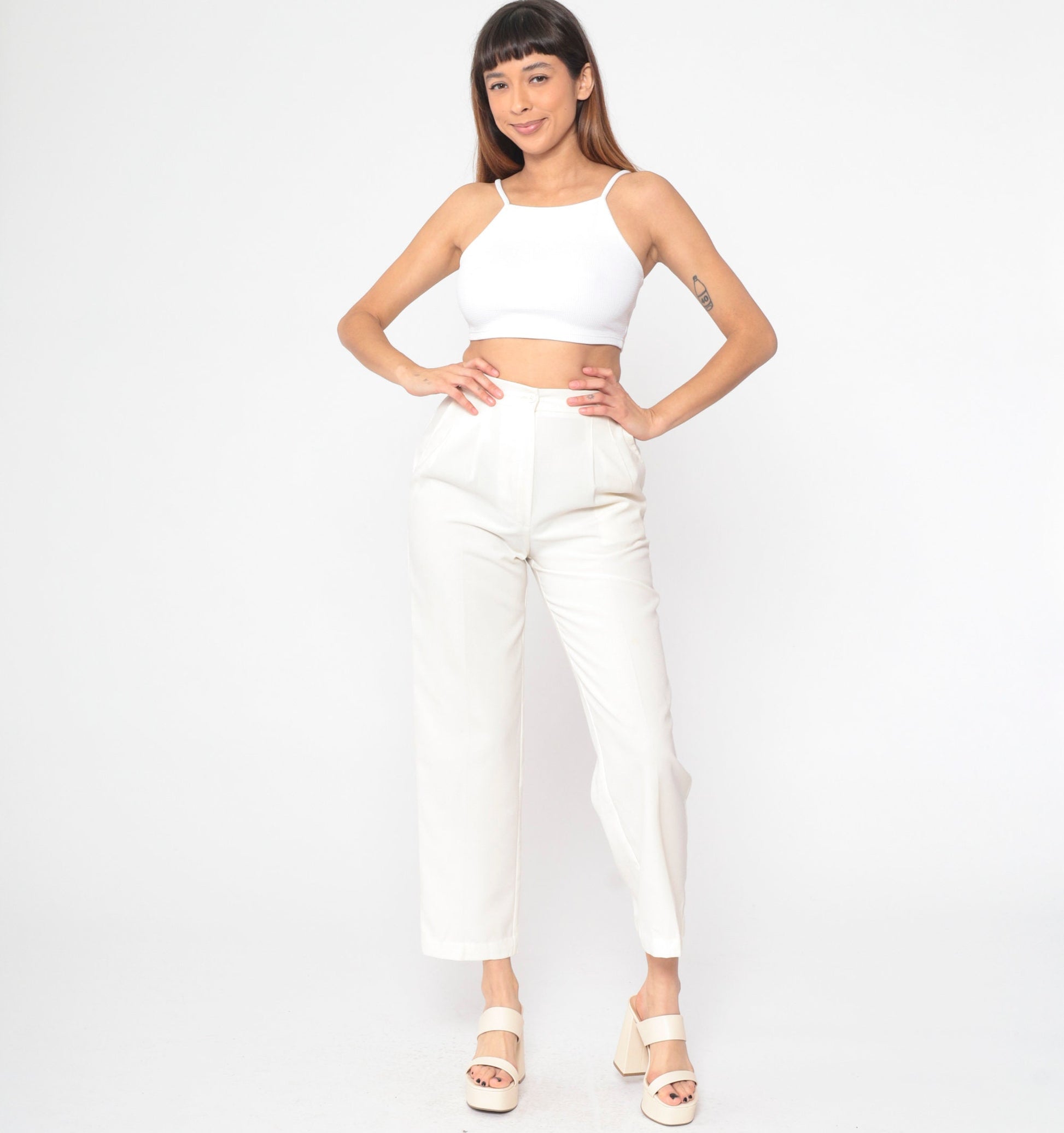 80s Off-White Pleated High-Waisted Straight Leg Trousers Extra Small